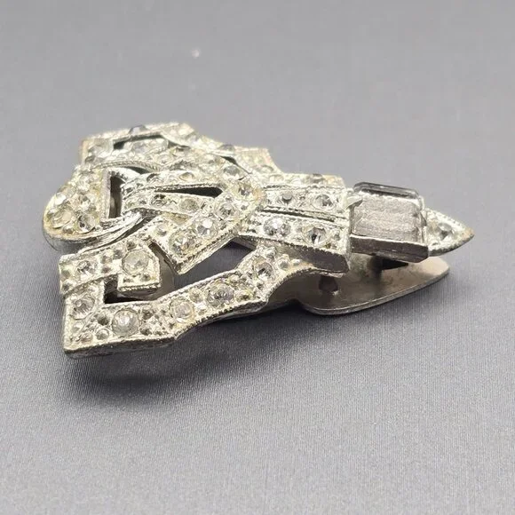 Vintage Art Deco Rhinestone Dress Clip 1.5" Silver Tone Estate Jewelry Cutouts - Picture 5 of 9